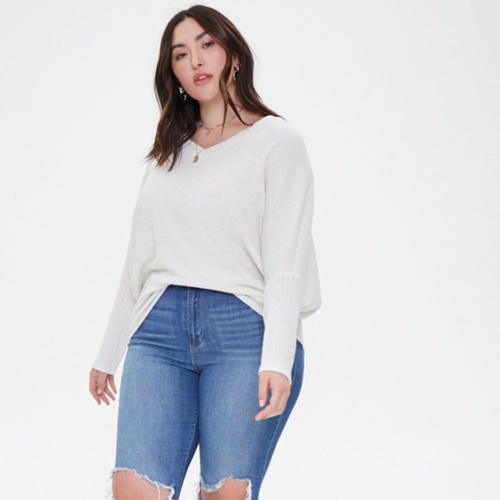 V-Neck Dolman Long Sleeve Ribbed Top 1XL